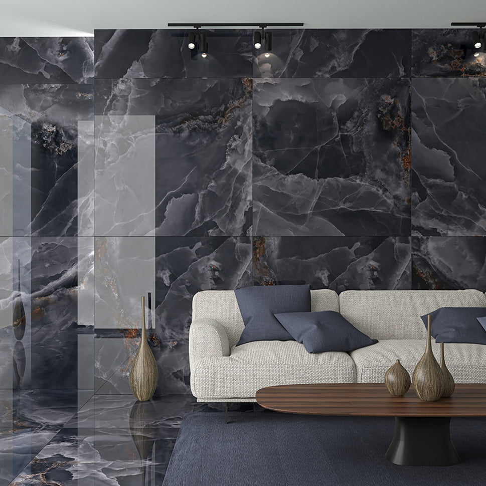 Carrelage Effet Marbre Iceland Midnight Brillant 120x120 cm de Ecoceramic