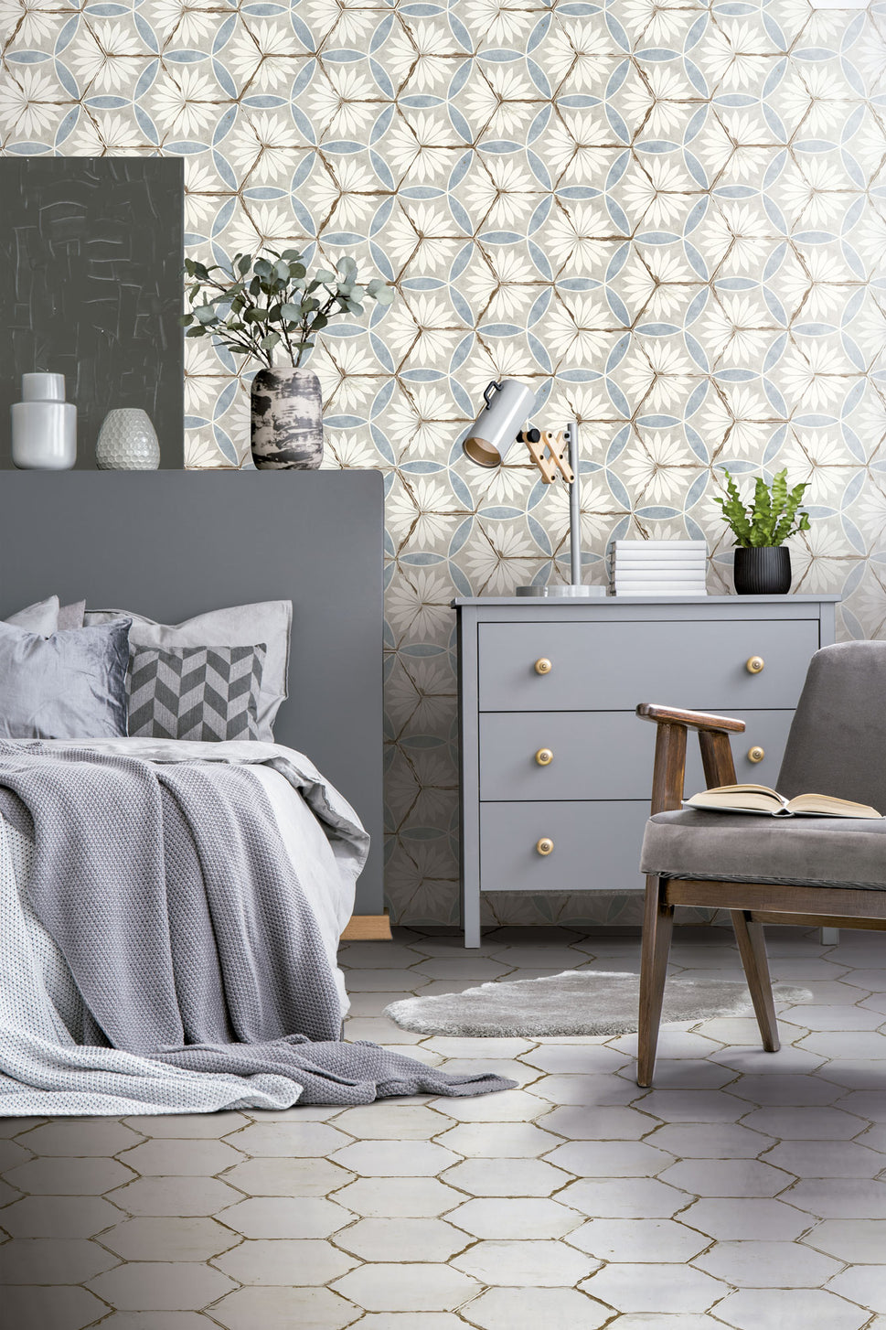 Carrelage Hexagonal Effet Carreau de Ciment Bohemia Lino White 21x25 cm de Nanda Tiles