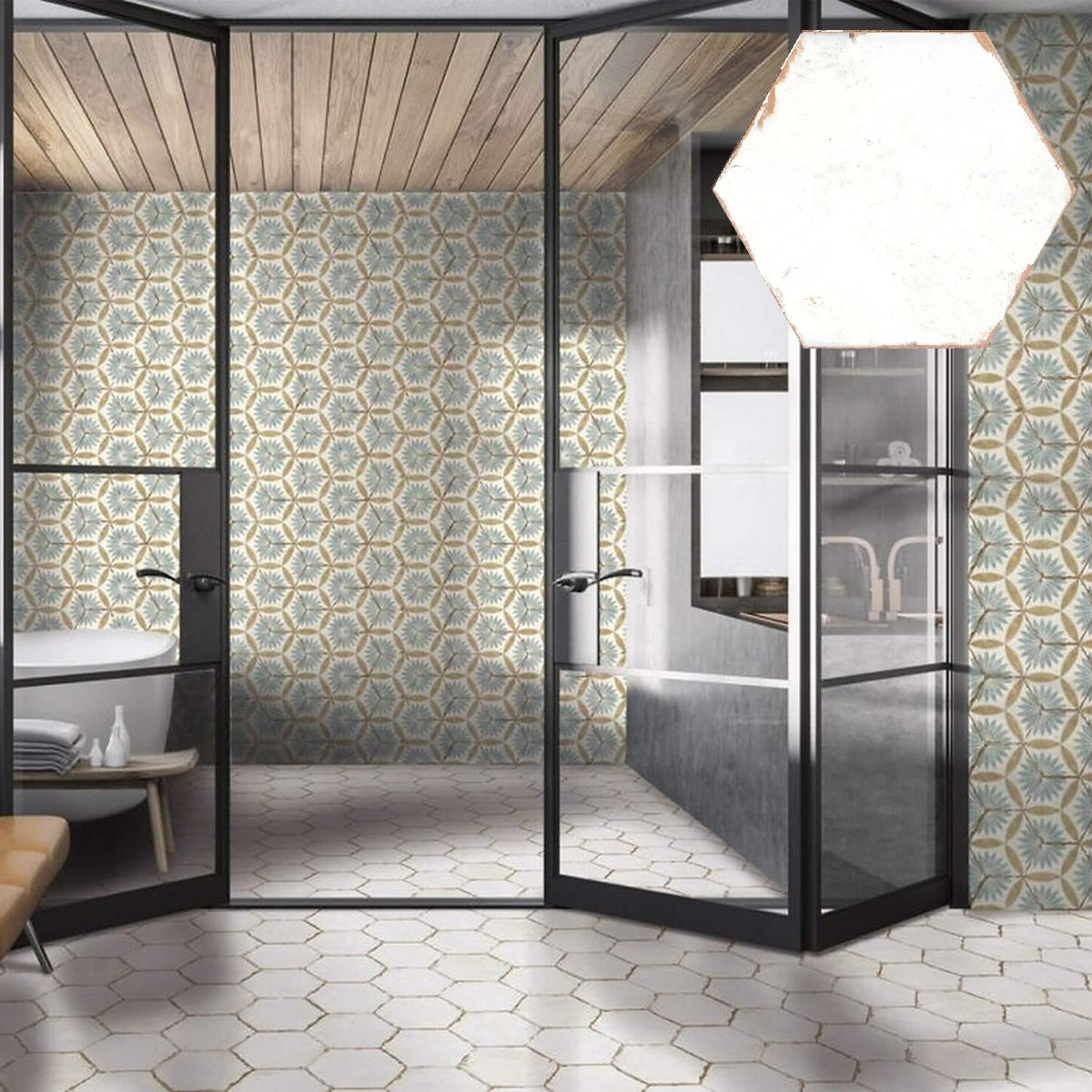 Carrelage Hexagonal Effet Carreau de Ciment Bohemia Lino White 21x25 cm de Nanda Tiles