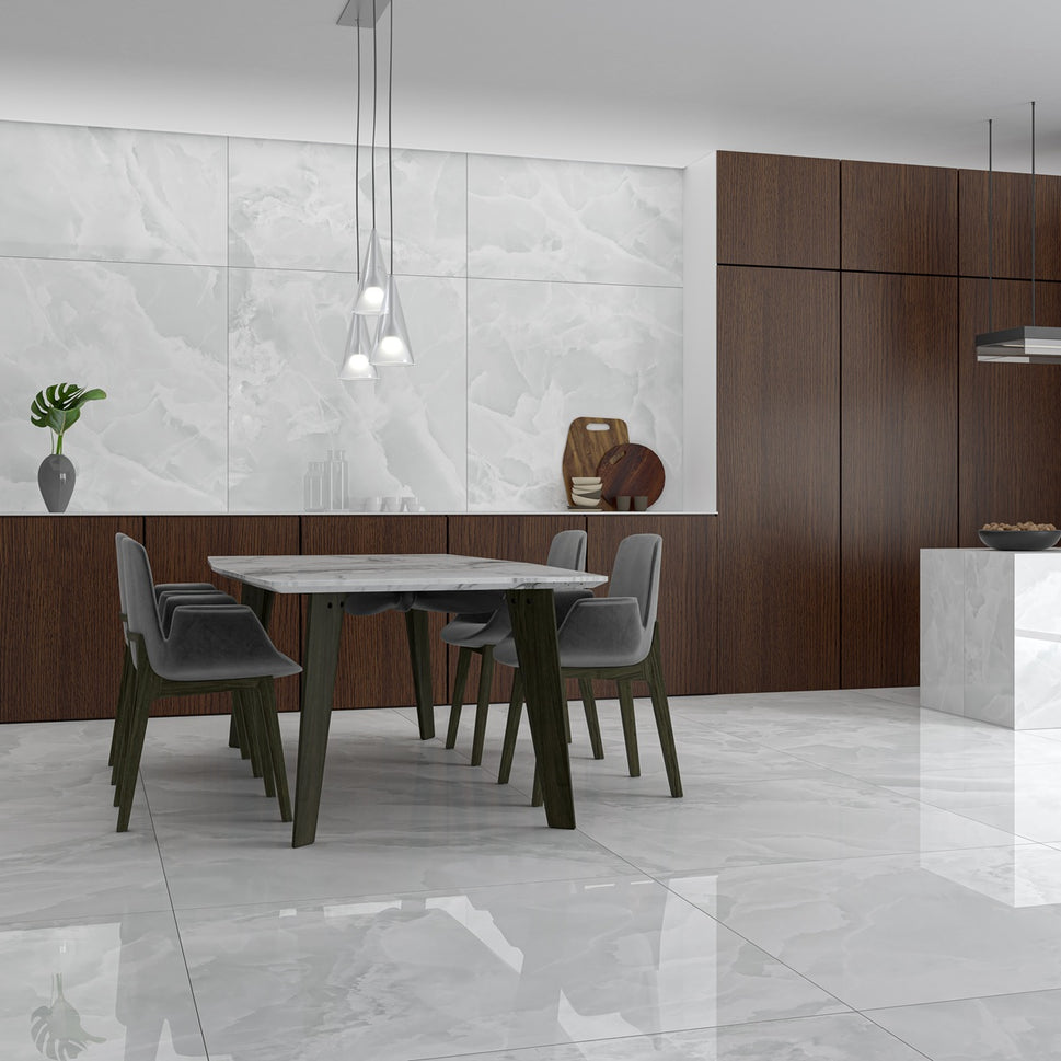 Carrelage Effet Marbre Iceland White poli Brillant 120x120 cm de Ecoceramic