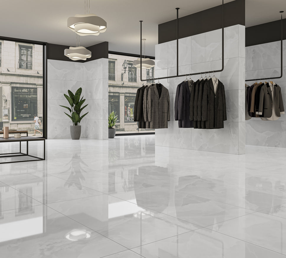 Carrelage Effet Marbre Iceland White poli Brillant 120x120 cm de Ecoceramic