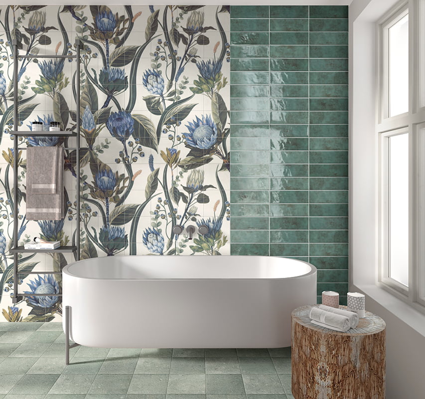 Carrelage Decor Fleuri Fresque Murale Blue Leaves 120x120 cm de Mainzu