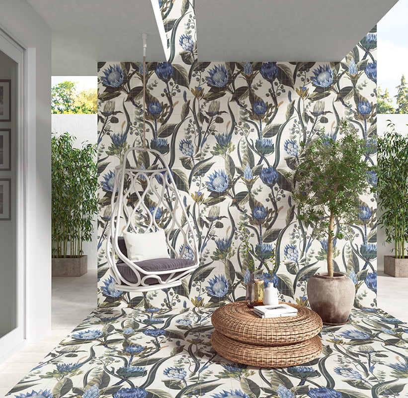 Carrelage Decor Fleuri Fresque Murale Blue Leaves 120x120 cm de Mainzu