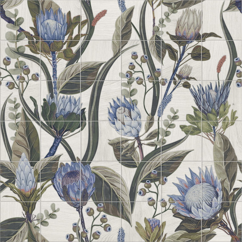 Carrelage Decor Fleuri Fresque Murale Blue Leaves 120x120 cm de Mainzu
