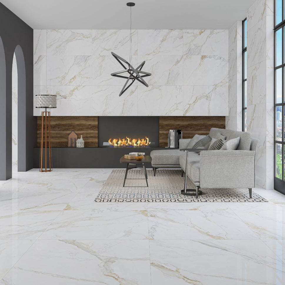 Carrelage Effet Marbre Marshall Gold Mat ou Brillant 30x60 cm de Ecoceramic