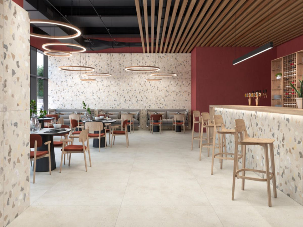 Carrelage Effet Pierre rectifie Retro Terrazzo Sand 60x120 cm de Cinca