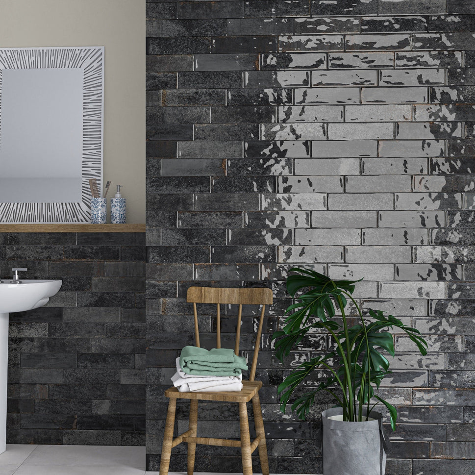 Carrelage Effet Zellige Asly Black 7,5x30 cm de Ecoceramic