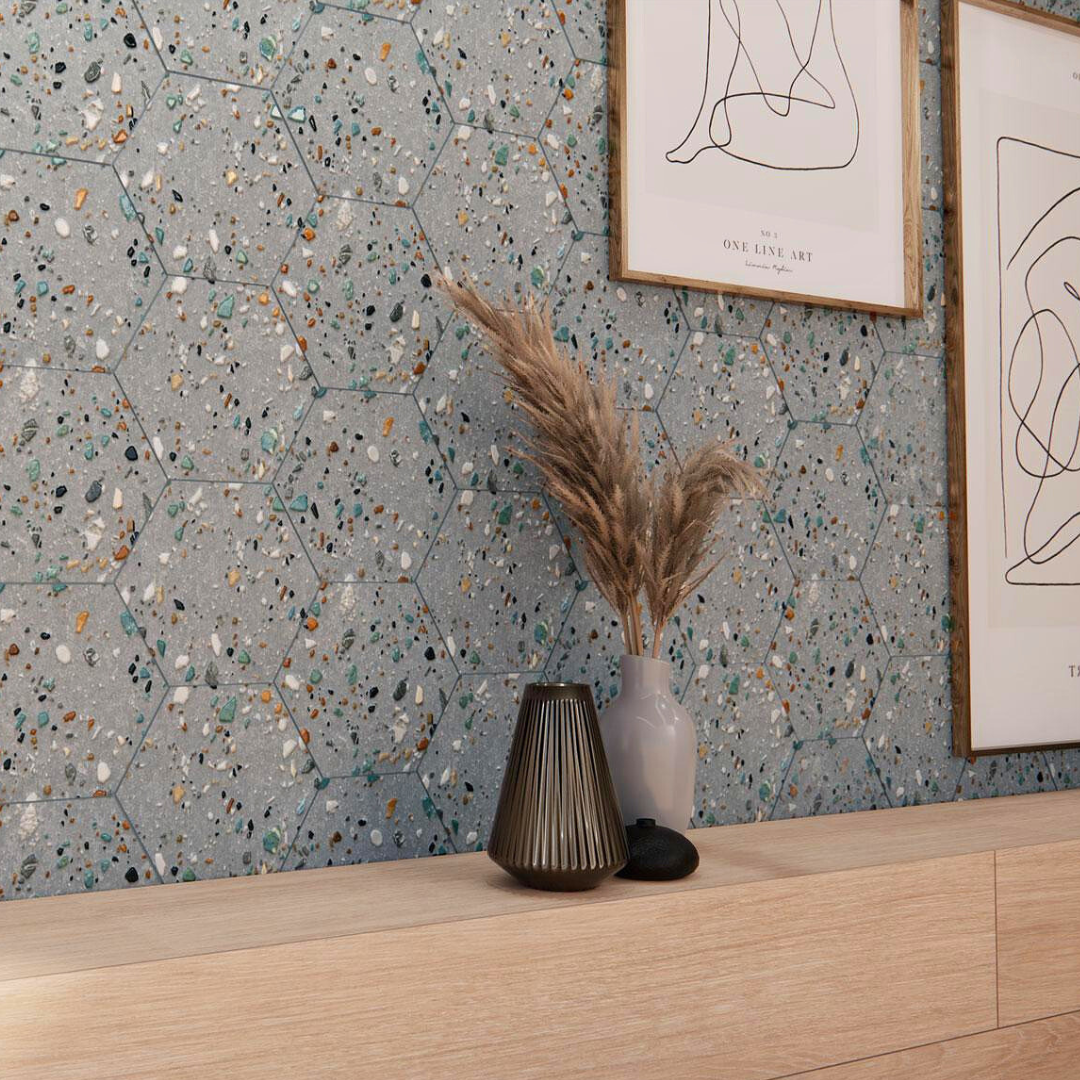 Carrelage Hexagonal Effet Terrazzo Hex Gobi Grigio 20x24 cm