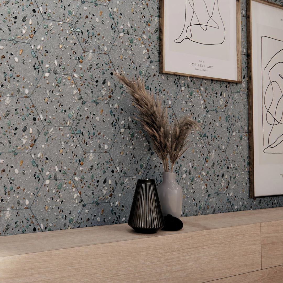 Carrelage Hexagonal Effet Terrazzo Hex Gobi Nero 20x24 cm