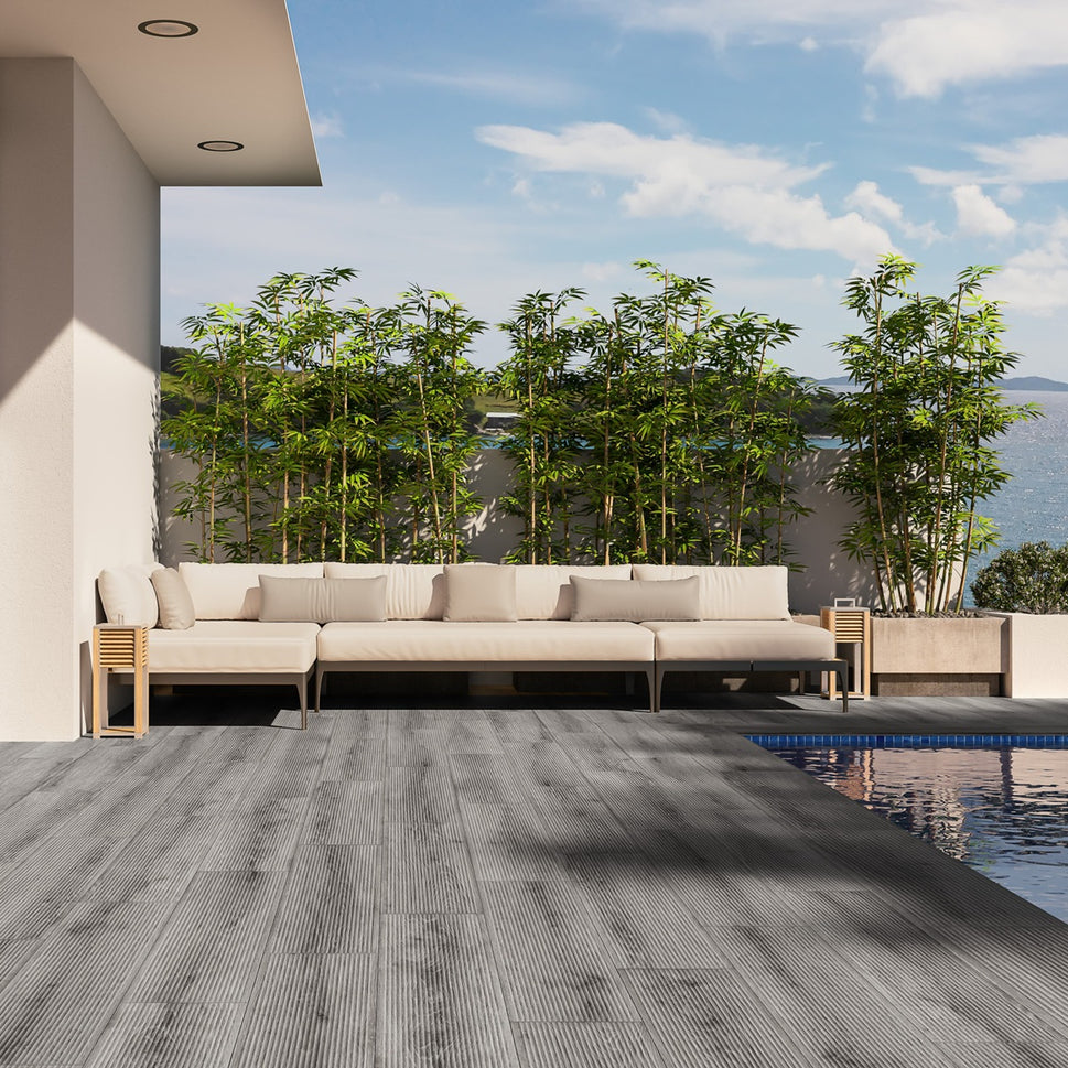 Carrelage Terrasse Borneo Deck Gris Antiderapant 23x120 cm de Ecoceramic