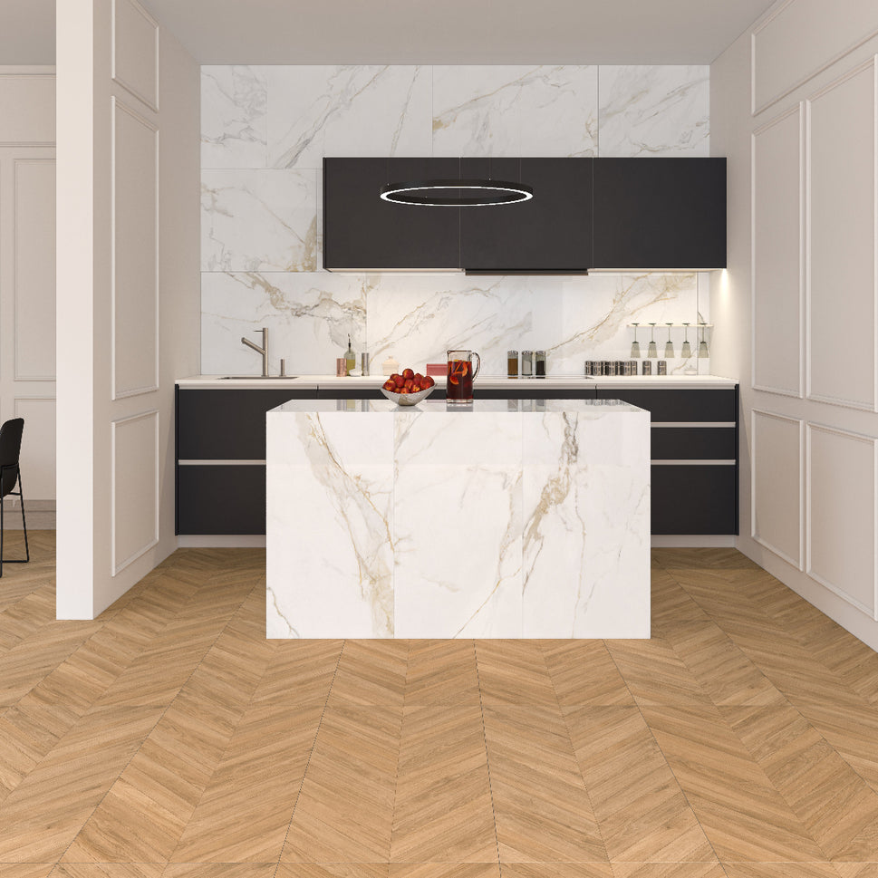 Carrelage Effet Marbre Blanc et Or Marshall Gold Mat ou Brillant 90x90 cm de Ecoceramic