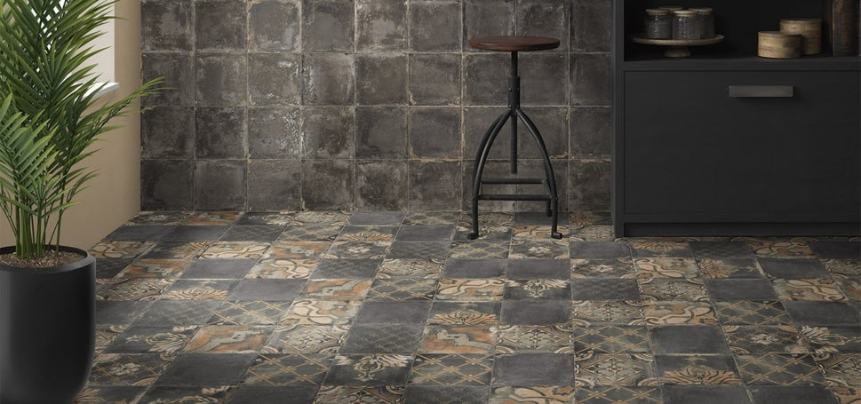 Carrelage Effet carreaux de ciment vieilli Canaletto Nero 20x20 cm de Mainzu