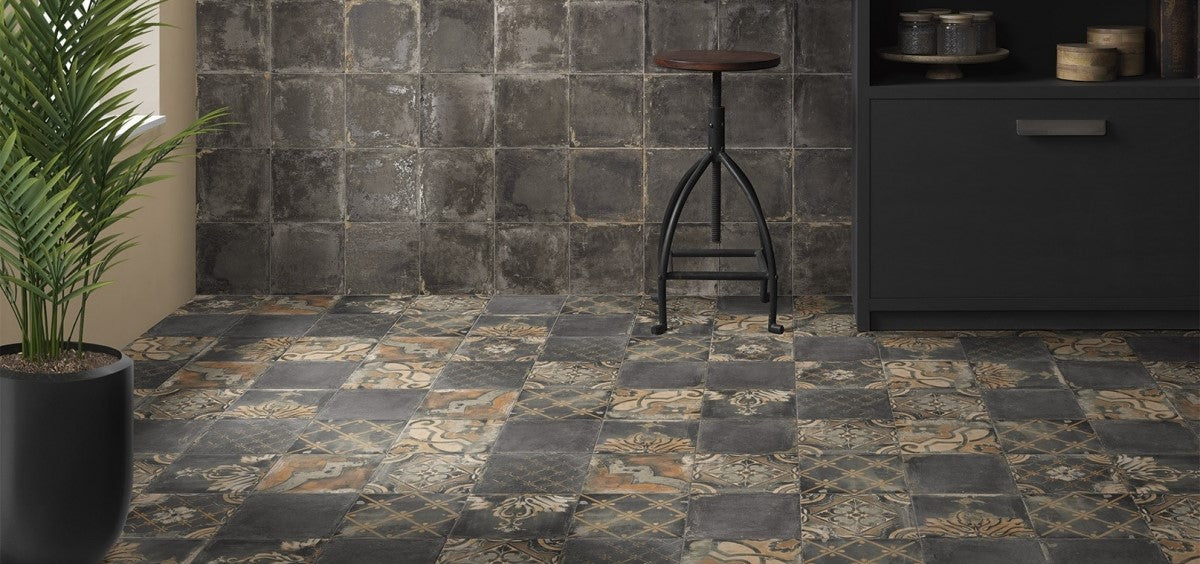 Carrelage Effet carreaux de ciment vieilli Canaletto Nero 20x20 cm de Mainzu