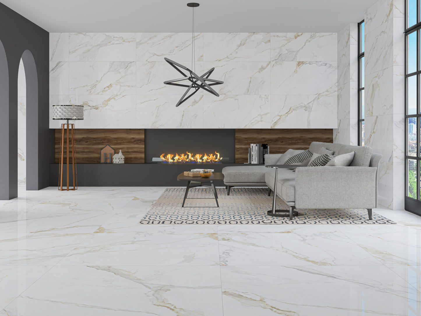 Effet Marbre Blanc et Or Mat ou Brillant Marshall Gold 75x75 cm de Ecoceramic