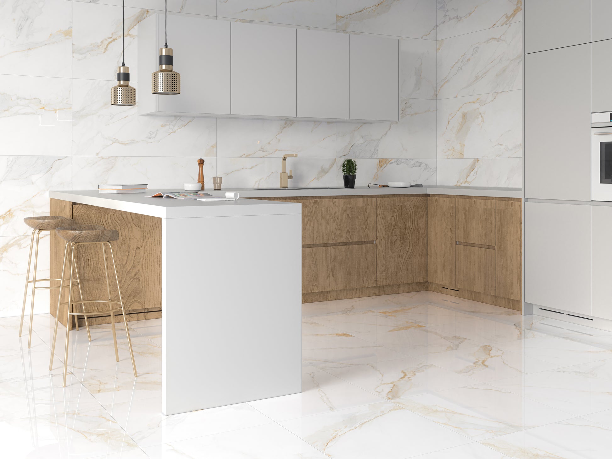 Effet Marbre Blanc et Or Marshall Gold Mat ou Brillant 75x150 cm de Ecoceramic