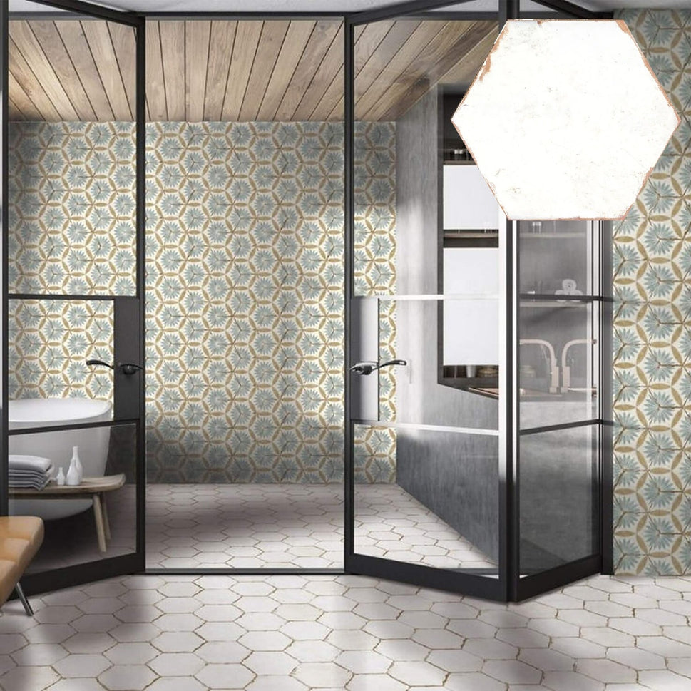 Carrelage Hexagonal Effet Carreau de Ciment Bohemia Lino White 21x25 cm de Nanda Tiles
