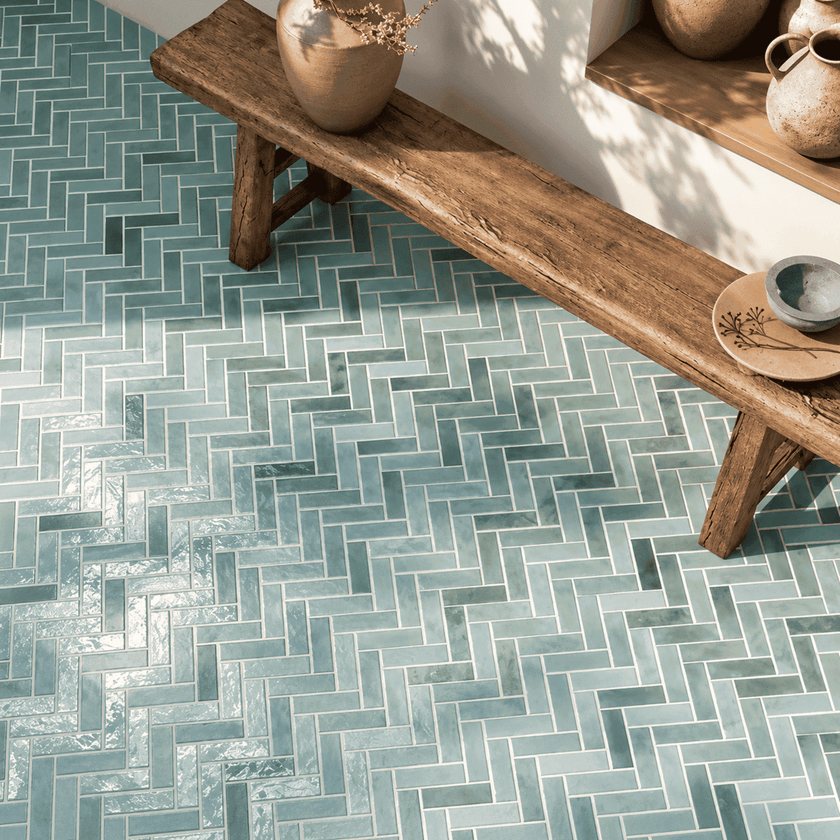 carrelage effet brique en baton rompu vert 