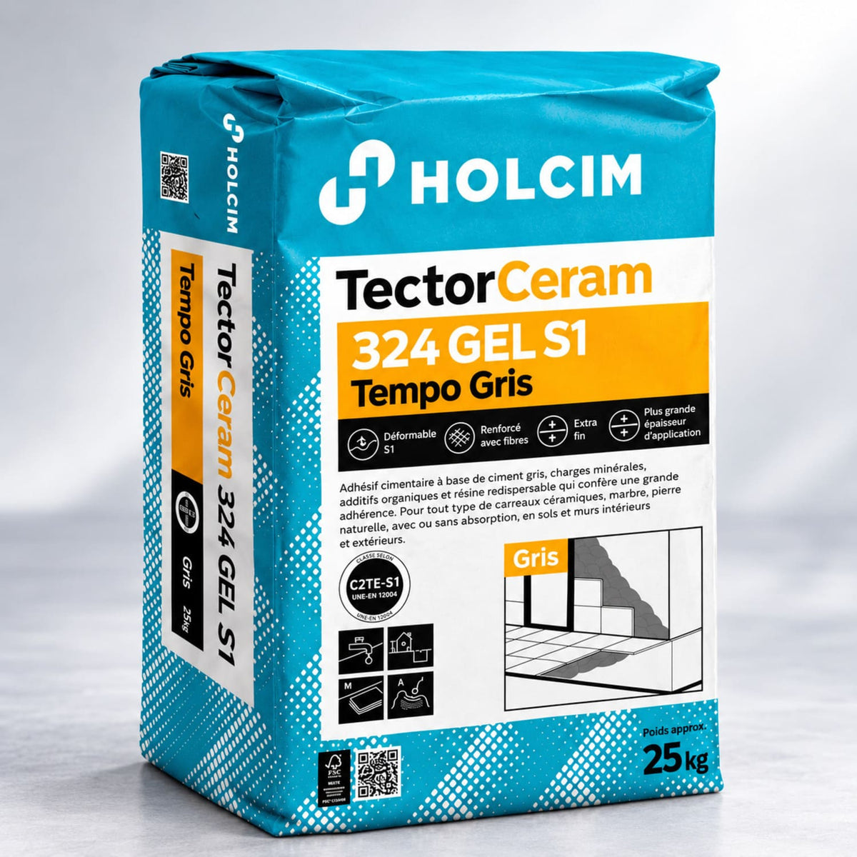 Mortier colle carrelage gris TectorCeram 324 GEL C2 TE S1 Tempo Gris – 25 kg