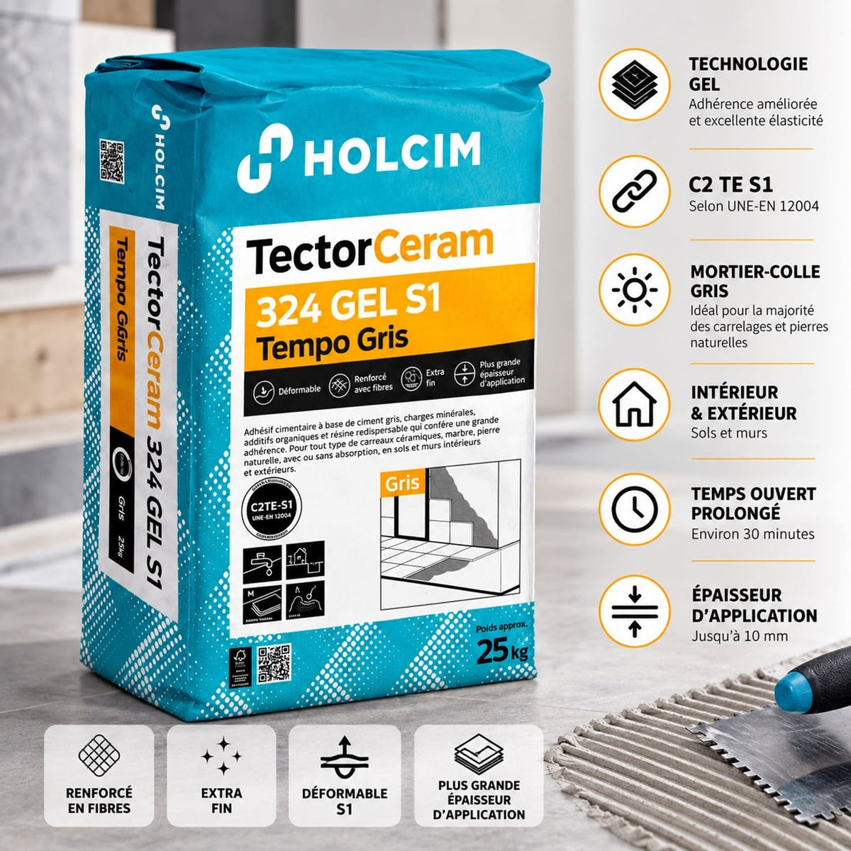 Mortier colle carrelage gris TectorCeram 324 GEL C2 TE S1 Tempo Gris – 25 kg
