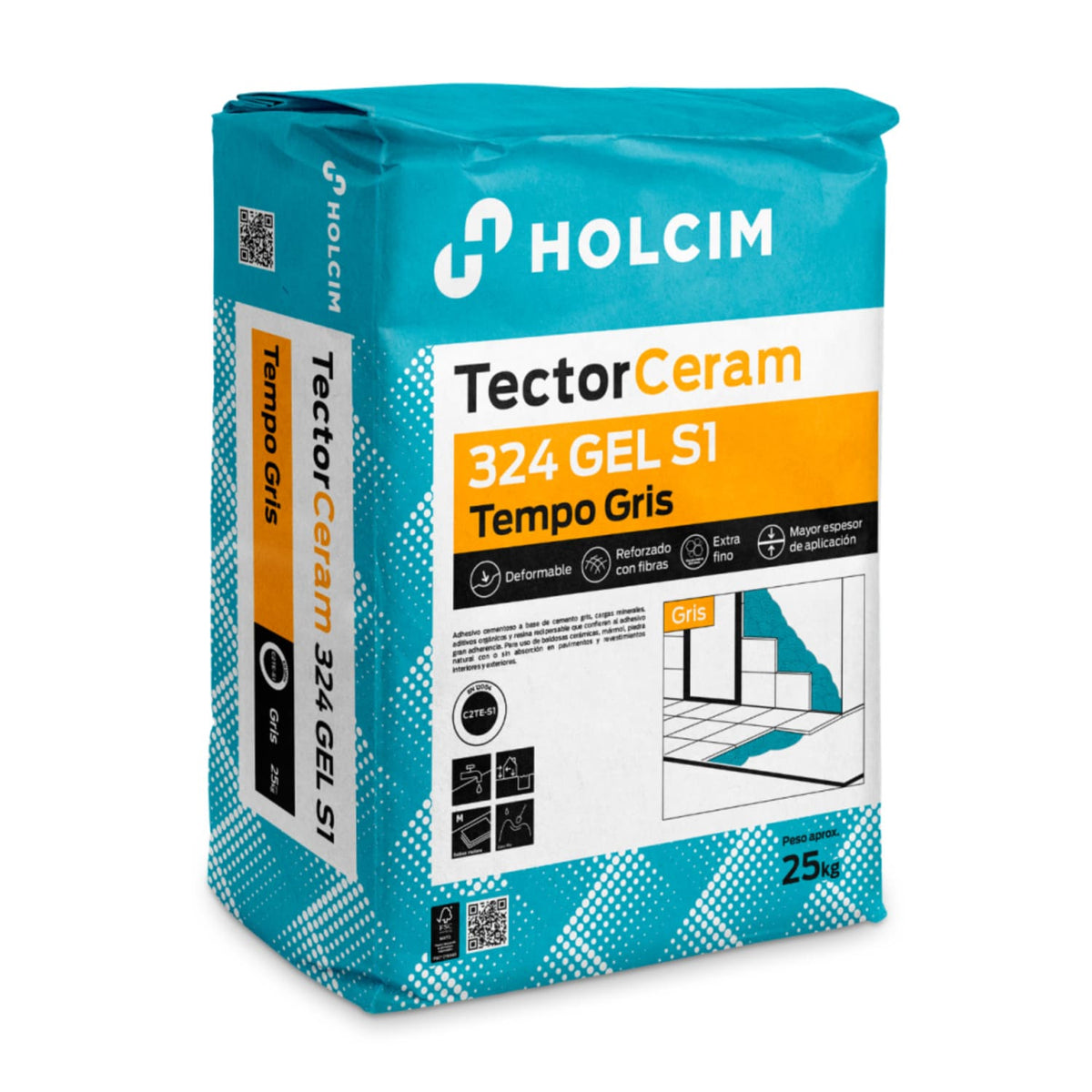 Mortier colle carrelage gris TectorCeram 324 GEL C2 TE S1 Tempo Gris 25kg sac sur fond blanc 