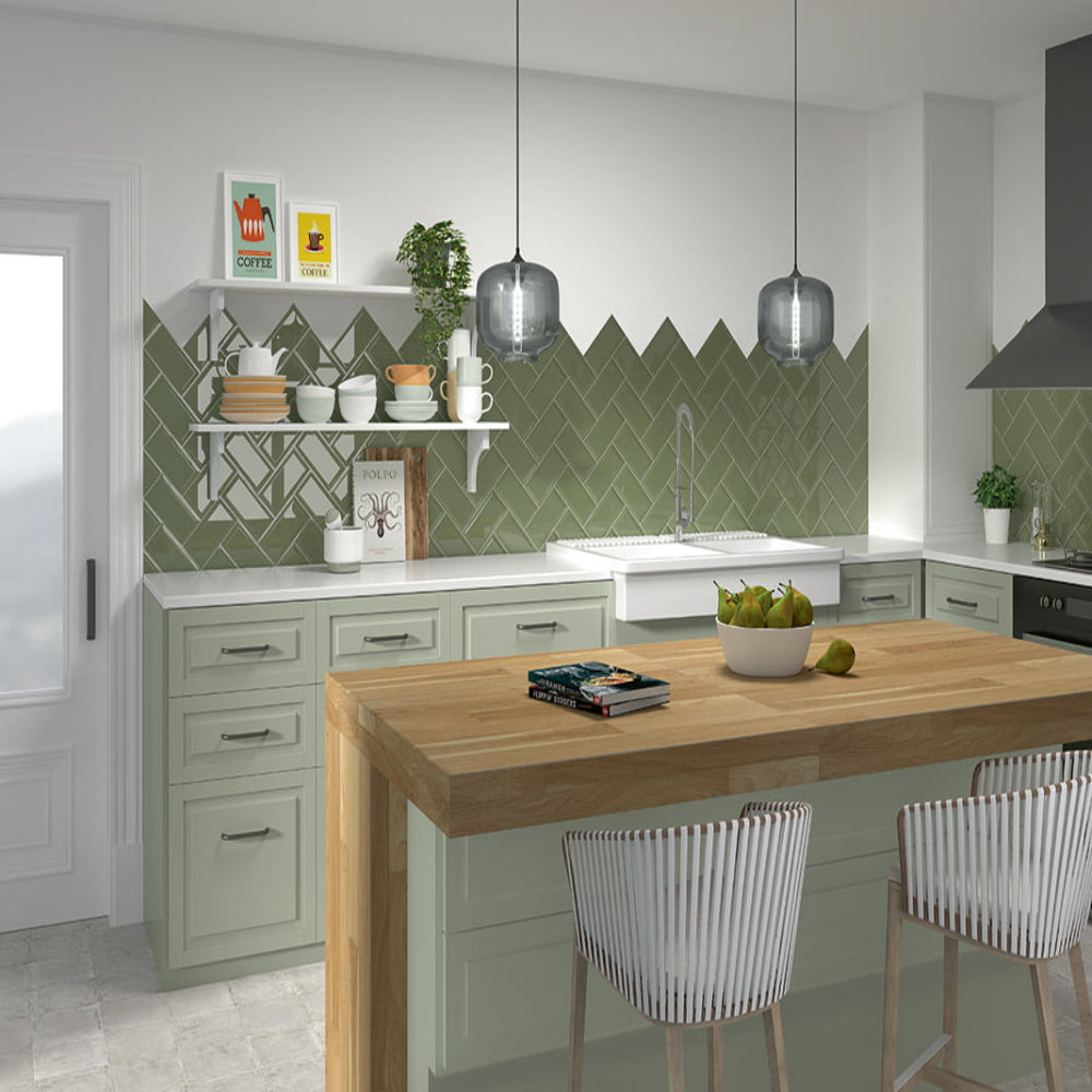 Carrelage Mural Metro Bissel Green Olive Brillant 10x20 cm de Mainzu