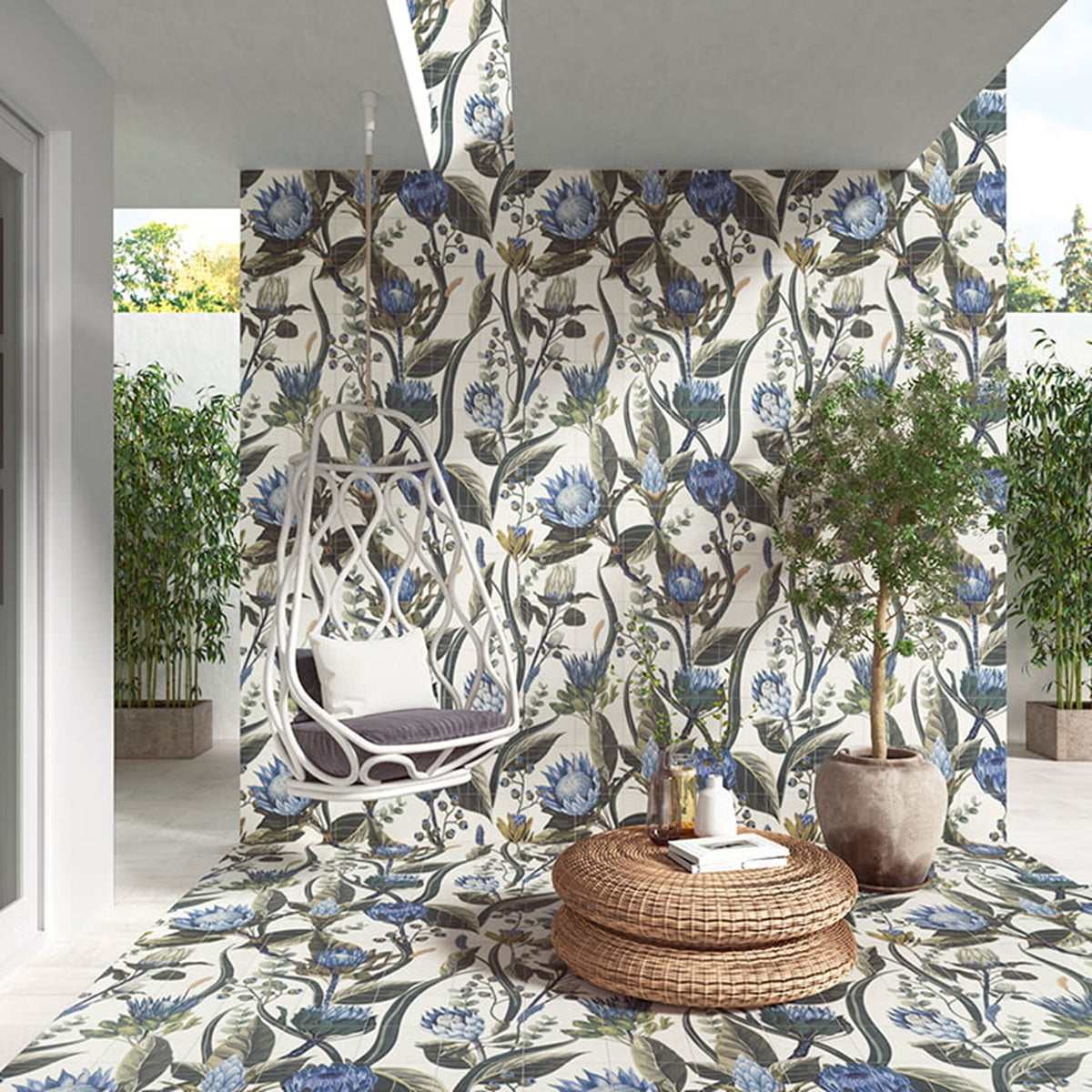 Carrelage Decor Fleuri Fresque Murale Blue Leaves 120x120 cm de Mainzu