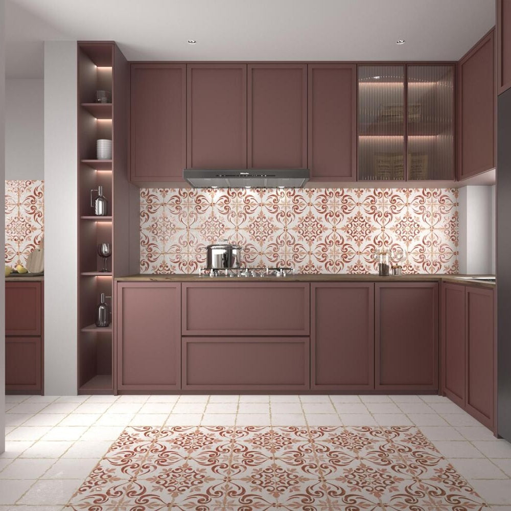 Cuisine aux meubles brun rosé avec carrelage Barraquetes Teja en crédence et en tapis décoratif au sol.