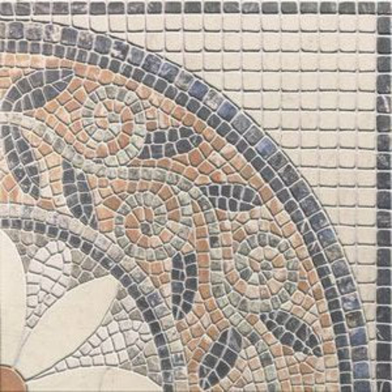 Carreau Trevi Déco représentant un quart de rosace florale effet mosaïque, dans des tons beige, ocre et gris.