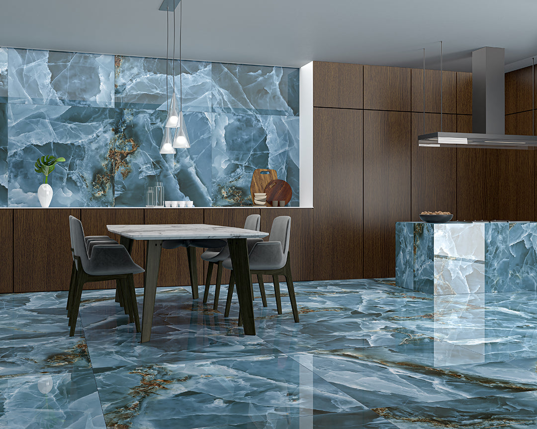 Carrelage Effet Marbre Iceland Navy poli Brillant 120x120 cm de Ecoceramic