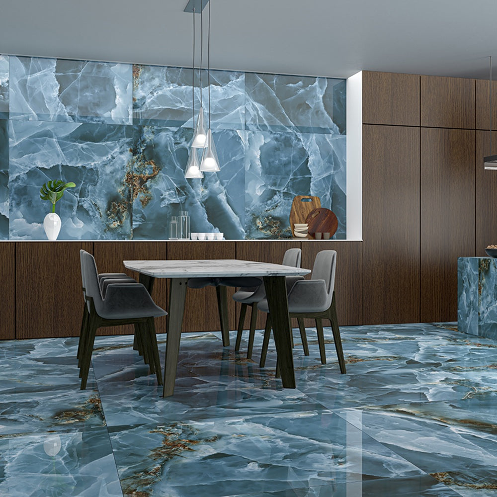 Carrelage Effet Marbre Iceland Navy poli Brillant 120x120 cm de Ecoceramic