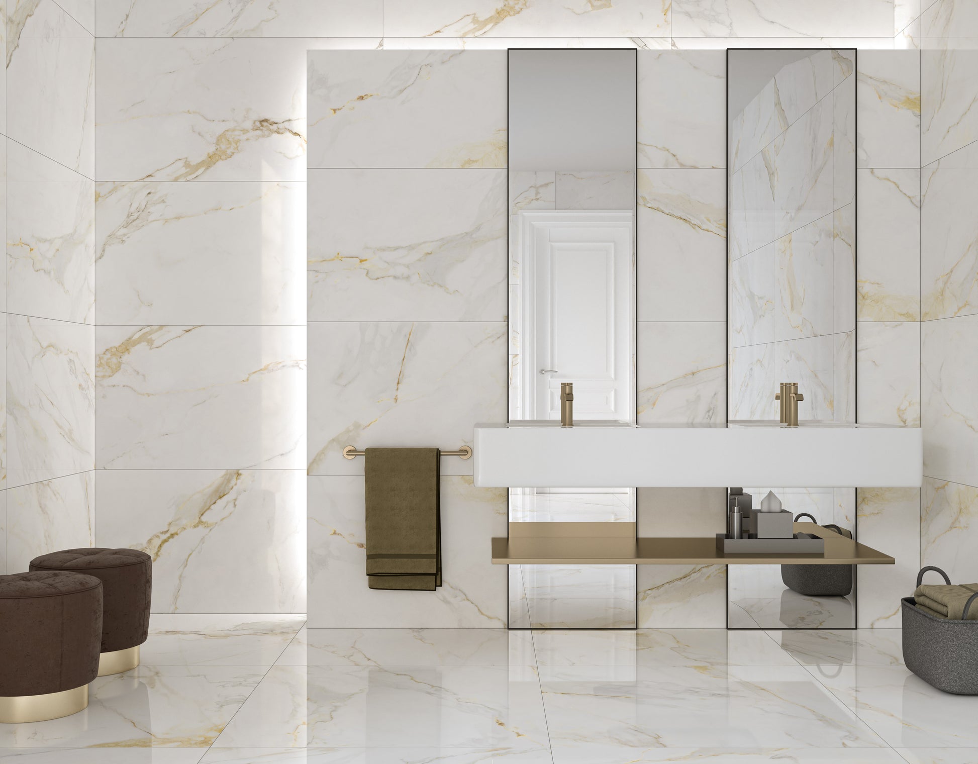 Effet Marbre Blanc et Or Marshall Gold Mat ou Brillant 75x150 cm de Ecoceramic